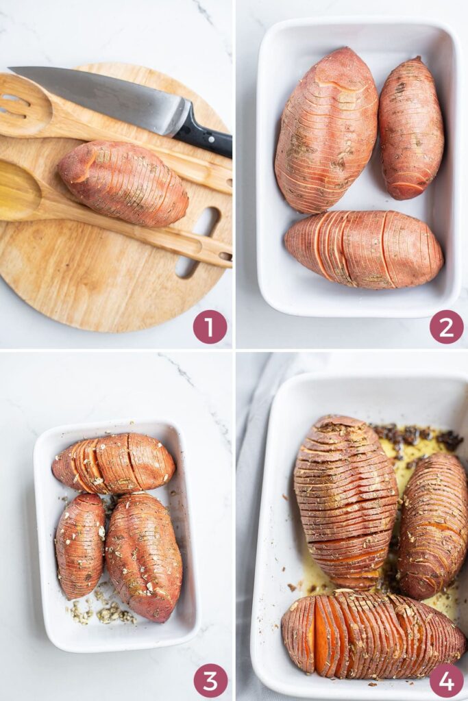 Collage showing how to hasseback and roast sweet potatoes