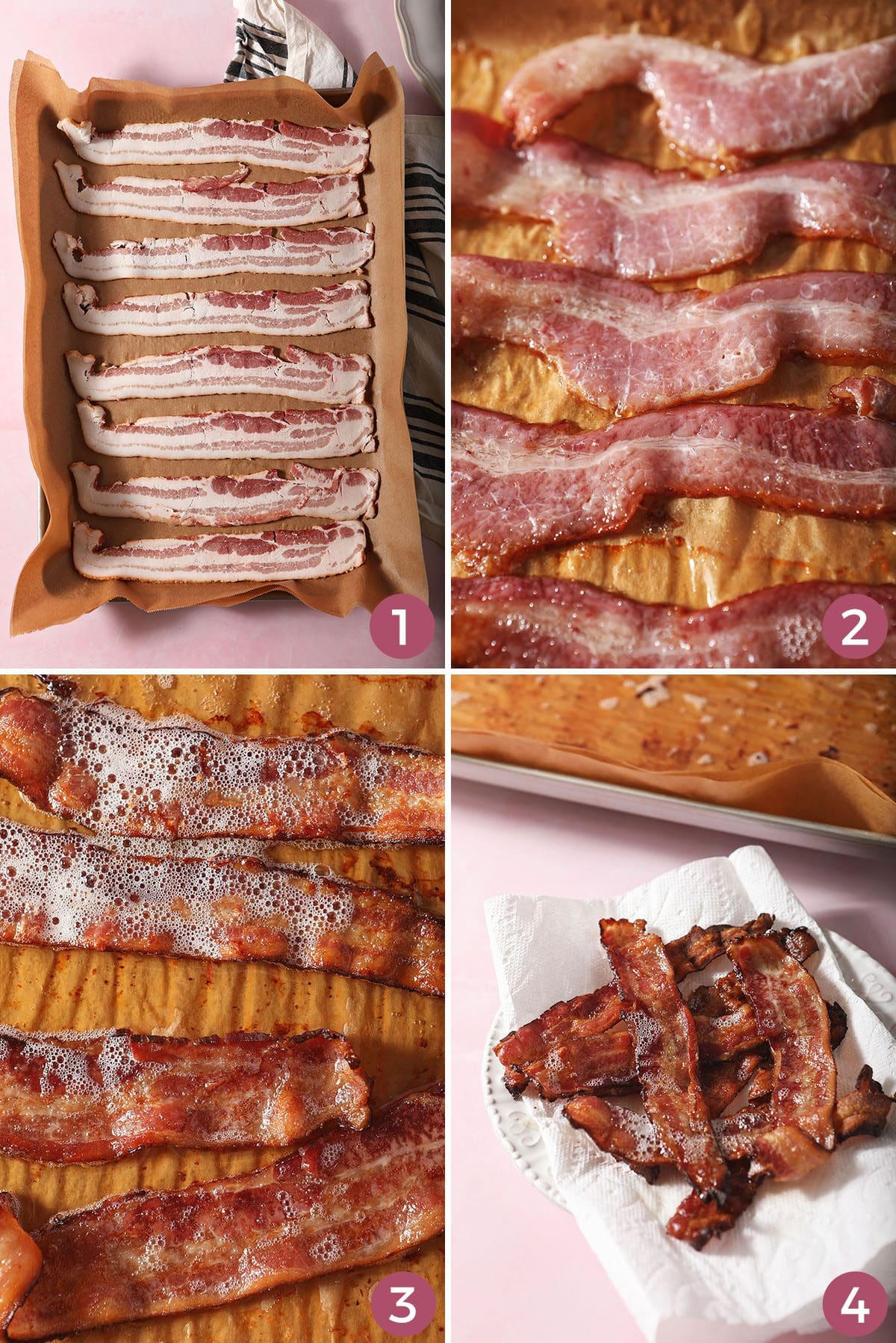 Collage showing the steps of how to bake bacon in the oven
