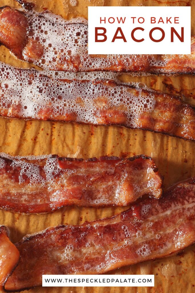 Sizzling bacon on a sheet pan with the text how to bake bacon