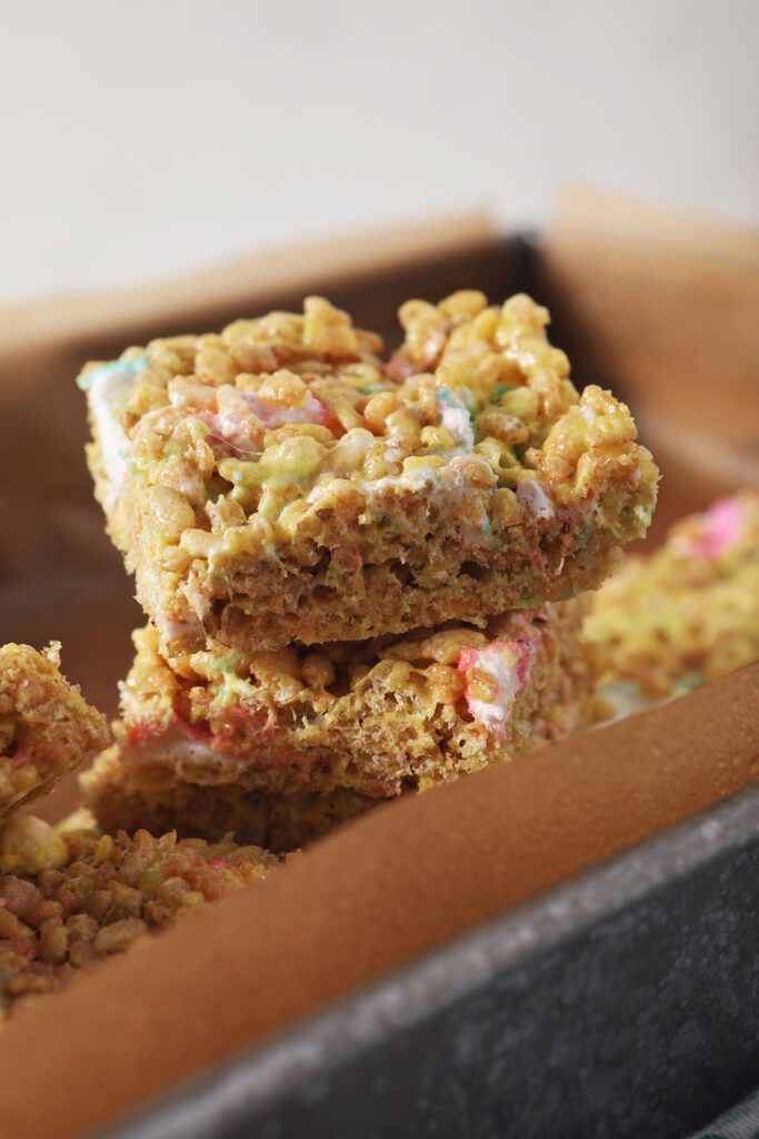 Stacked Easter Rice Krispie Treats in a baking pan