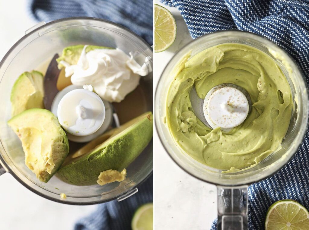 Collage showing the before and after of avocado cream sauce in a food processor