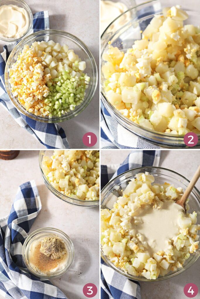 Collage showing how to make and put together classic potato salad