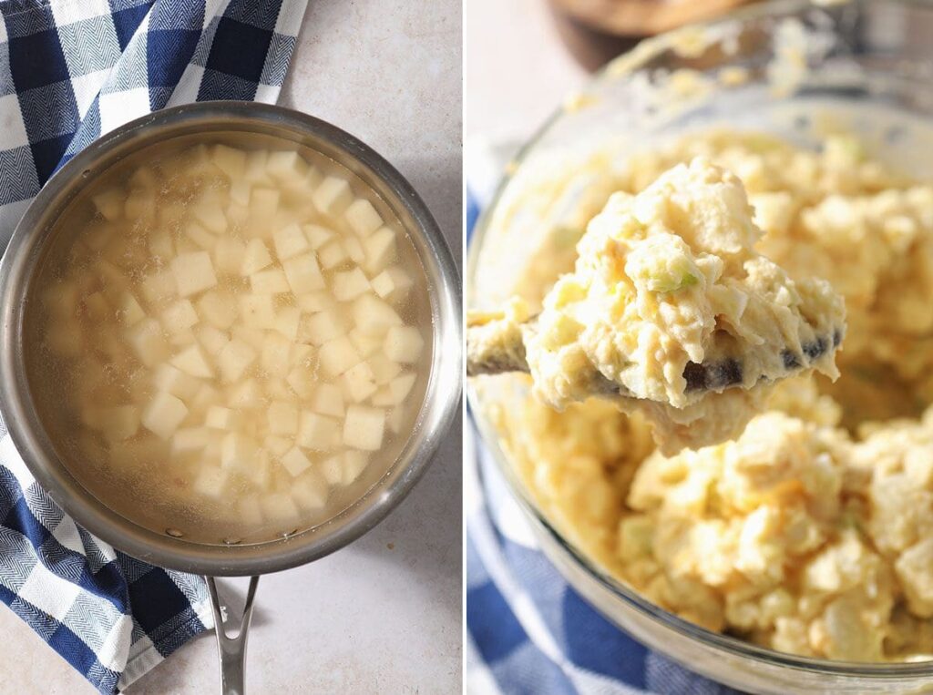 Collage showing potatoes before boiling and a potato salad after mixing