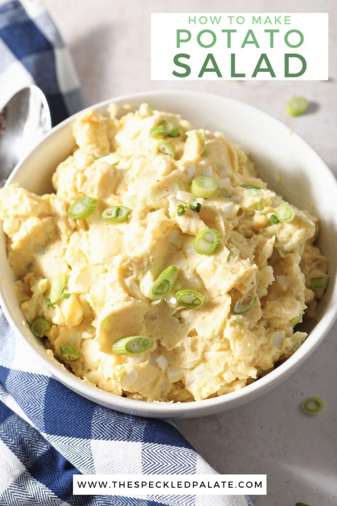 A bowl of potato salad garnished with green onions with the text how to make potato salad