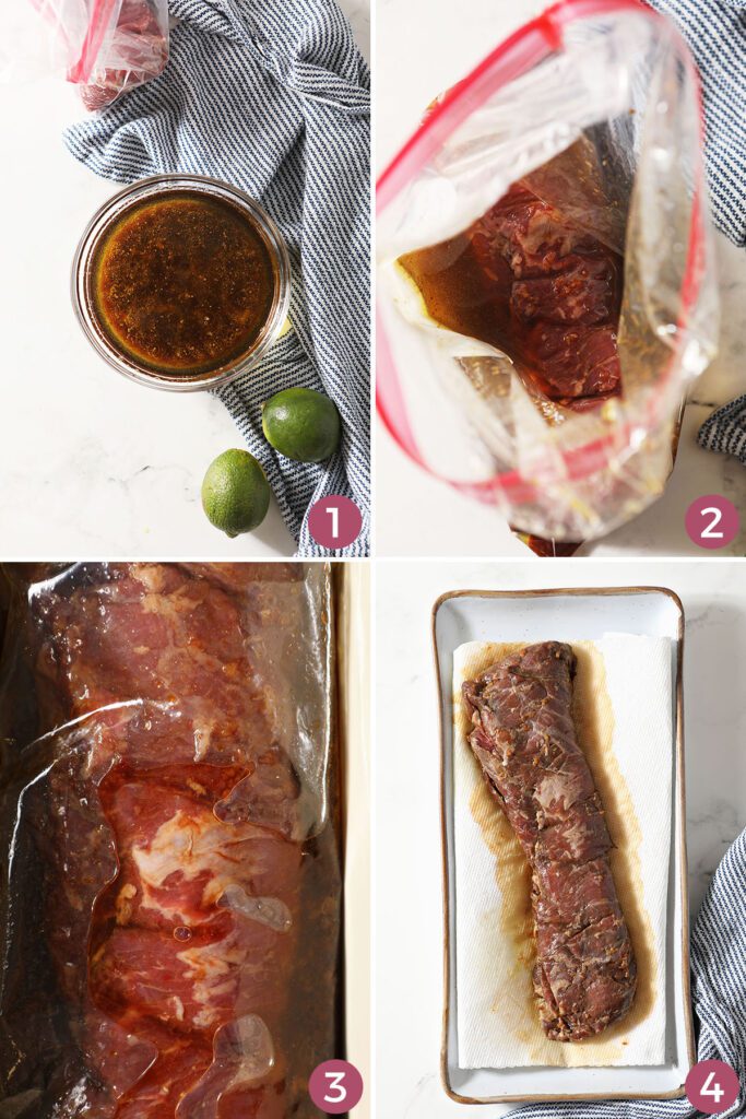 Collage showing how to make a skirt steak marinade, how to marinate the skirt steak and what it looks like after marinating