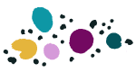 five multi-colored speckles with small dots around them artfully on a white background