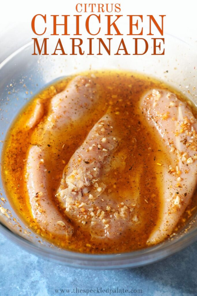 Chicken in a marinade in a bowl with the text citrus chicken marinade