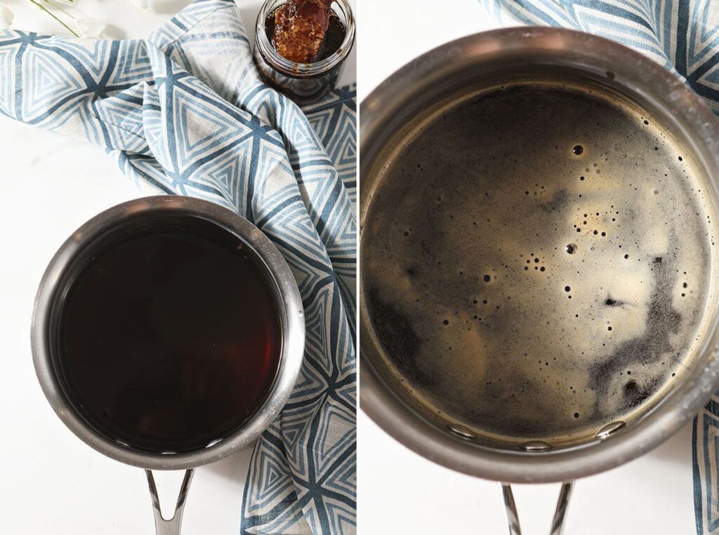 Collage showing before and after of making honey simple syrup