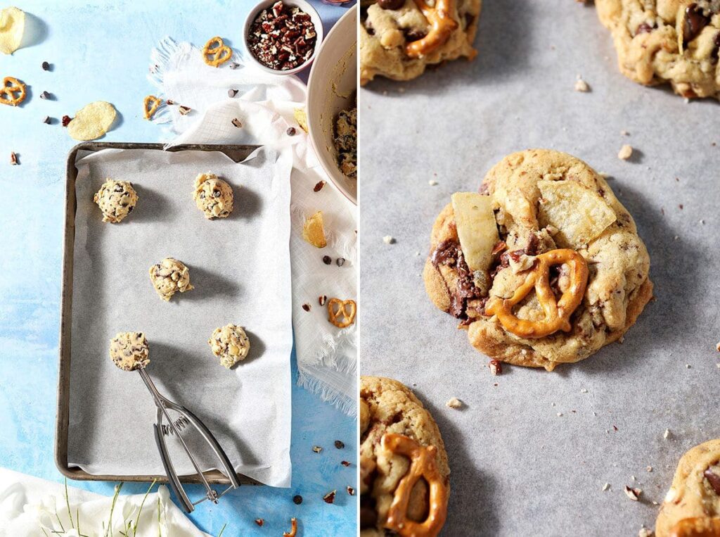 Collage showing Kitchen Sink Cookies before and after baking