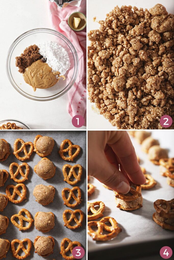 Collage showing how to put together the peanut butter filling and how to fill the pretzels