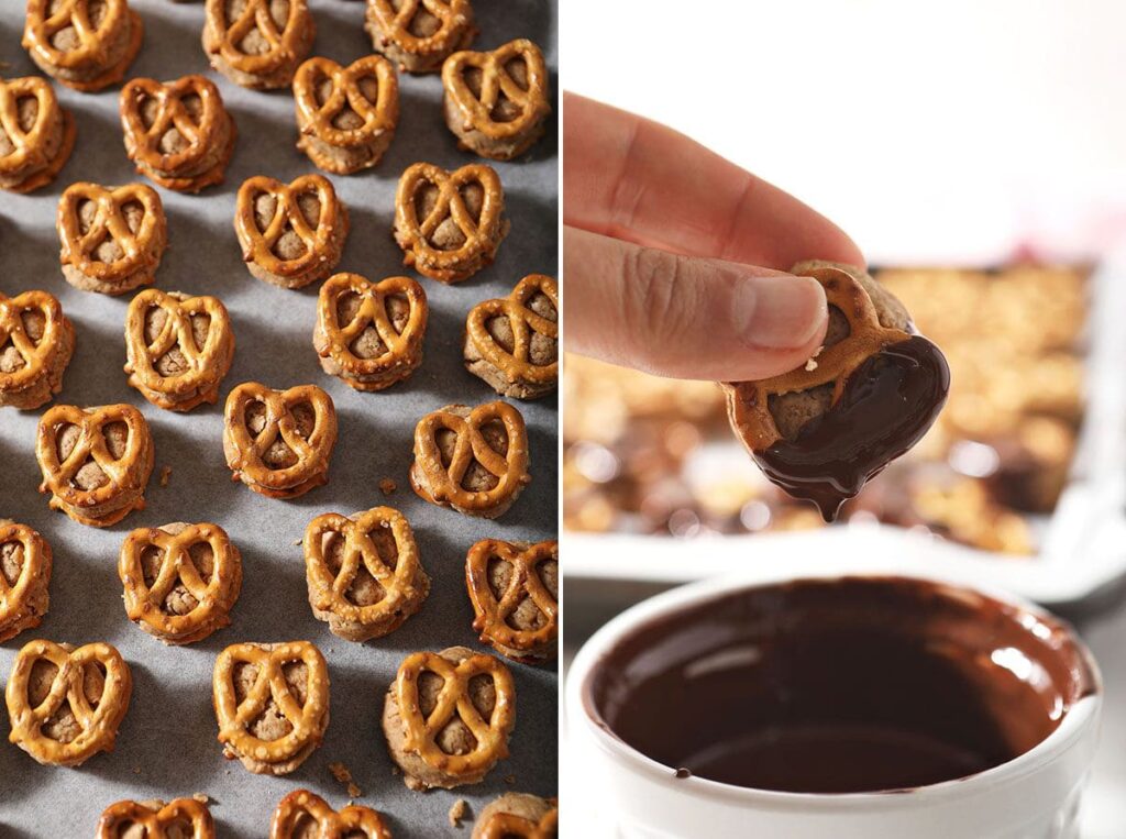 Collage showing peanut butter pretzels and how to dip them in chocolate