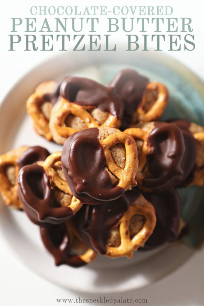 Close up of a platter of salty-sweet peanut butter chocolate pretzels on a plate with the text chocolate-covered peanut butter pretzel bites