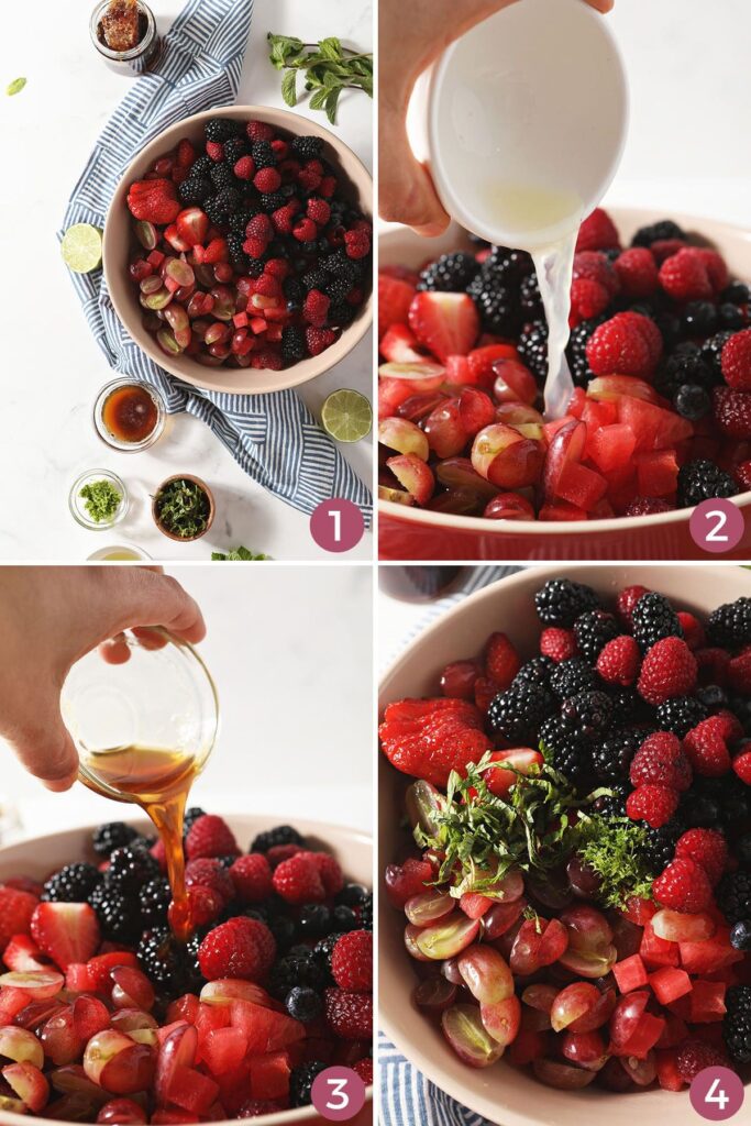 Collage showing how to make and mix summer fruit salad