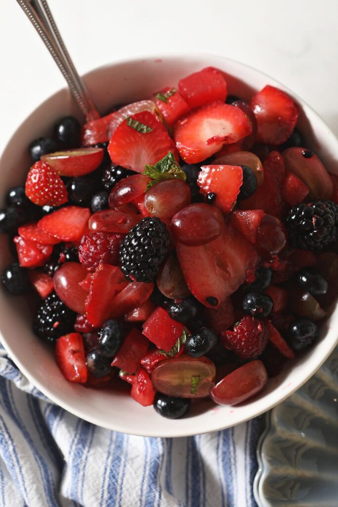 Close up of Summer Fruit Salad in a white bowl