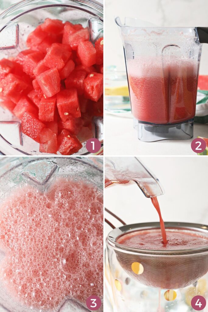 Collage showing how to blend and strain fresh watermelon