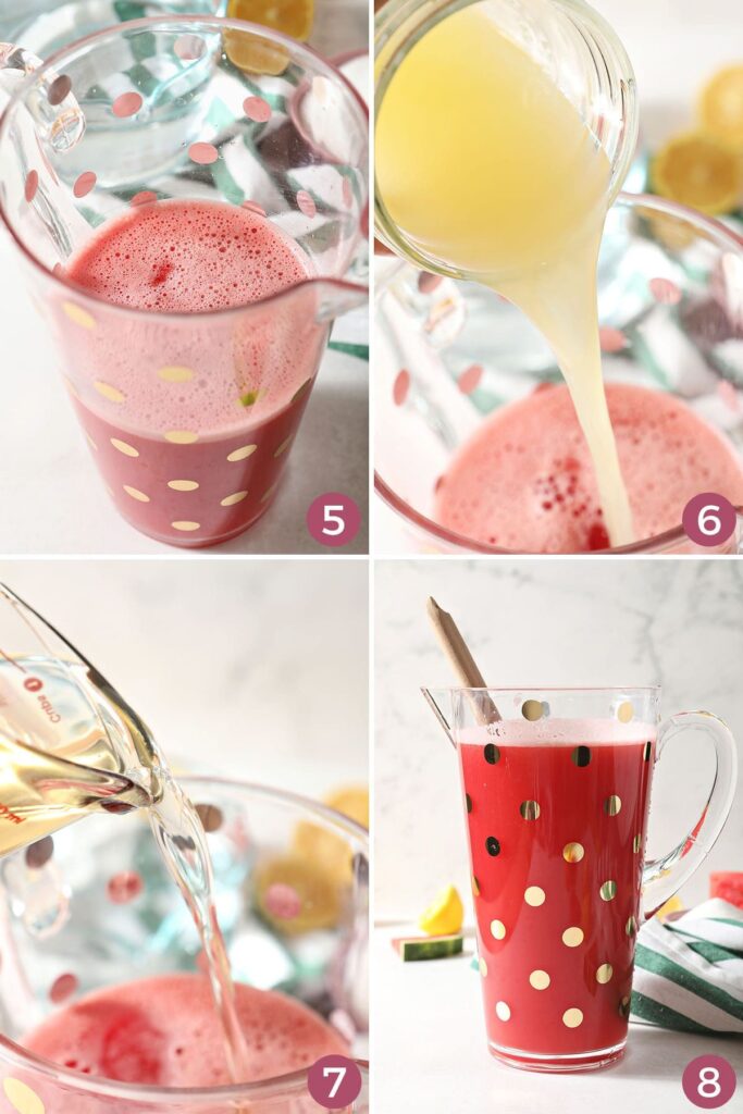 Collage showing how to mix and serve watermelon lemonade