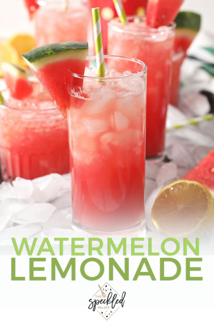 Four glasses of pink lemonade surrounded by ice with the text watermelon lemonade