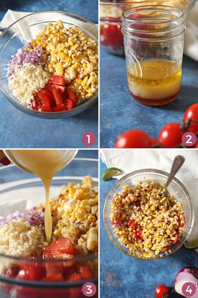 Collage showing steps of how to make and mix dressing and a corn salsa recipe