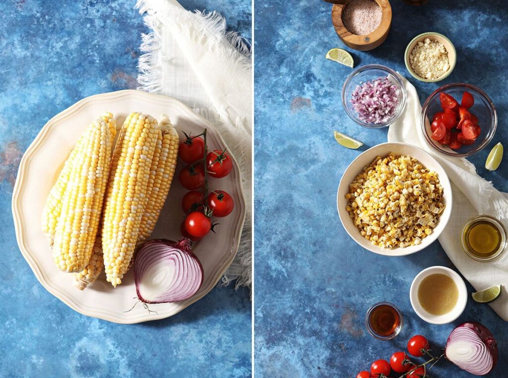 Collage showing corn before roasting and ingredients in bowls on a blue countertop