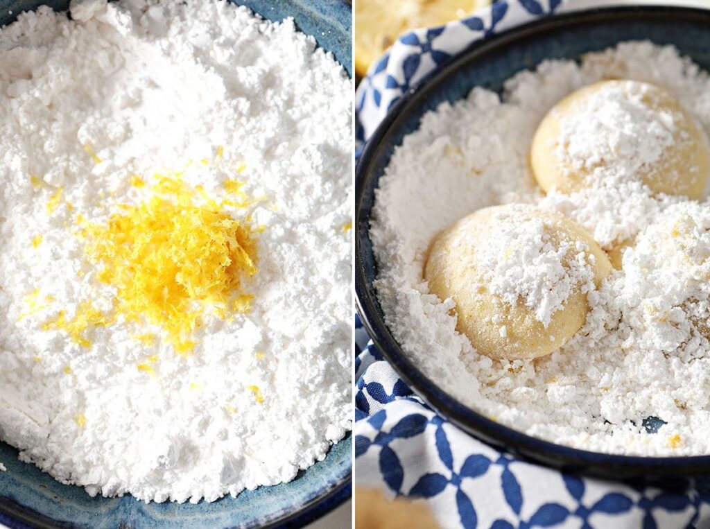 A collage showing lemon powdered sugar and cookies in it