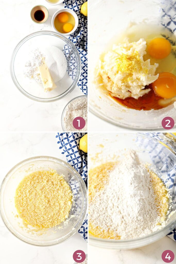 A collage showing how to cream butter and other wet ingredients before adding flour to cookie dough