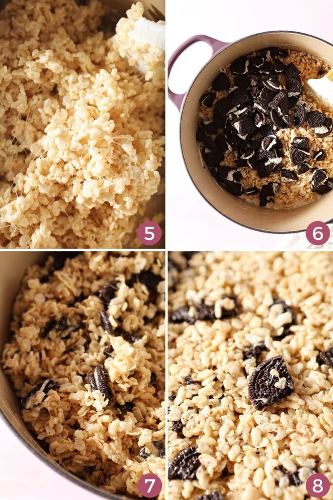 Collage showing how to put together an Oreo Rice Krispie treat in the pot and then how to set it in the pan