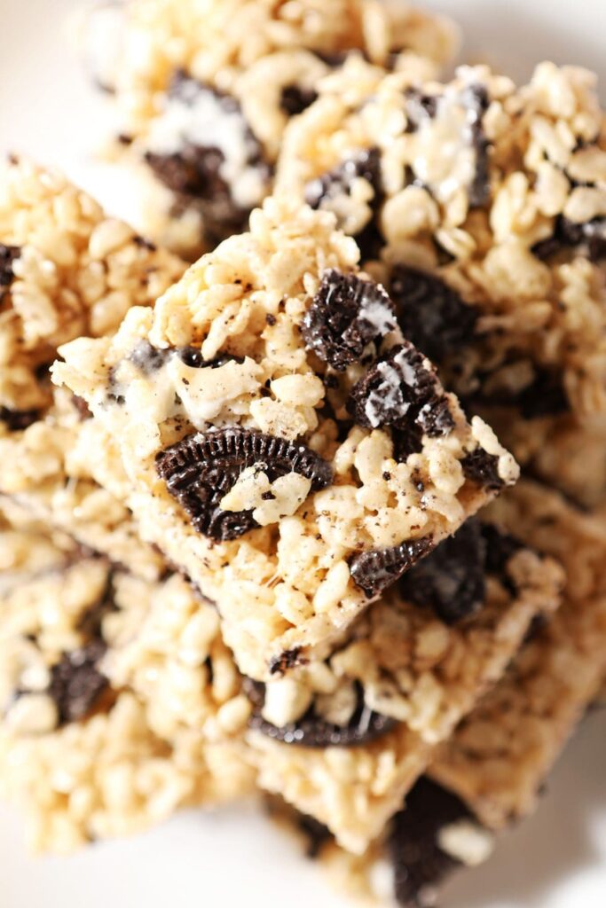 Oreo Rice Krispie treats stacked on top of each other from above