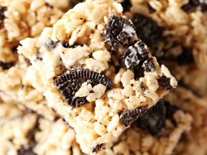 Oreo Rice Krispie treats stacked on top of each other from above