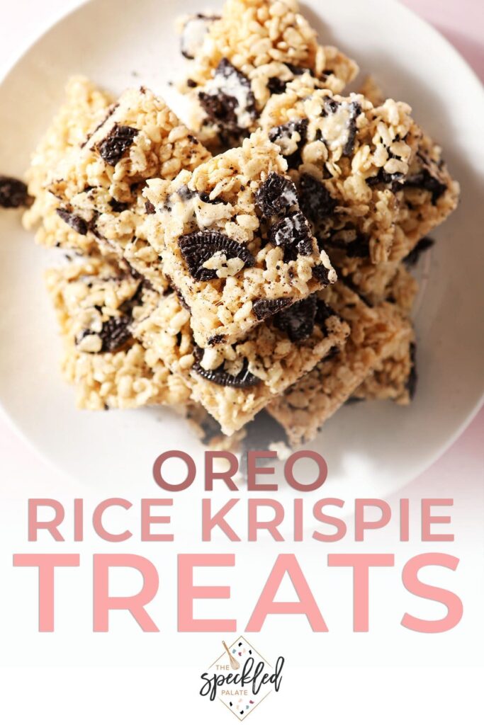 A plate of crispy rice treats with Oreos inside on a plate with the text Oreo Rice Krispie treats