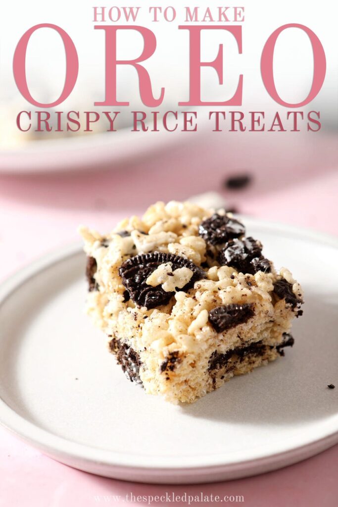 A chocolate sandwich cookie-filled Rice Krispie treat on a plate with the text how to make Oreo crispy rice treats