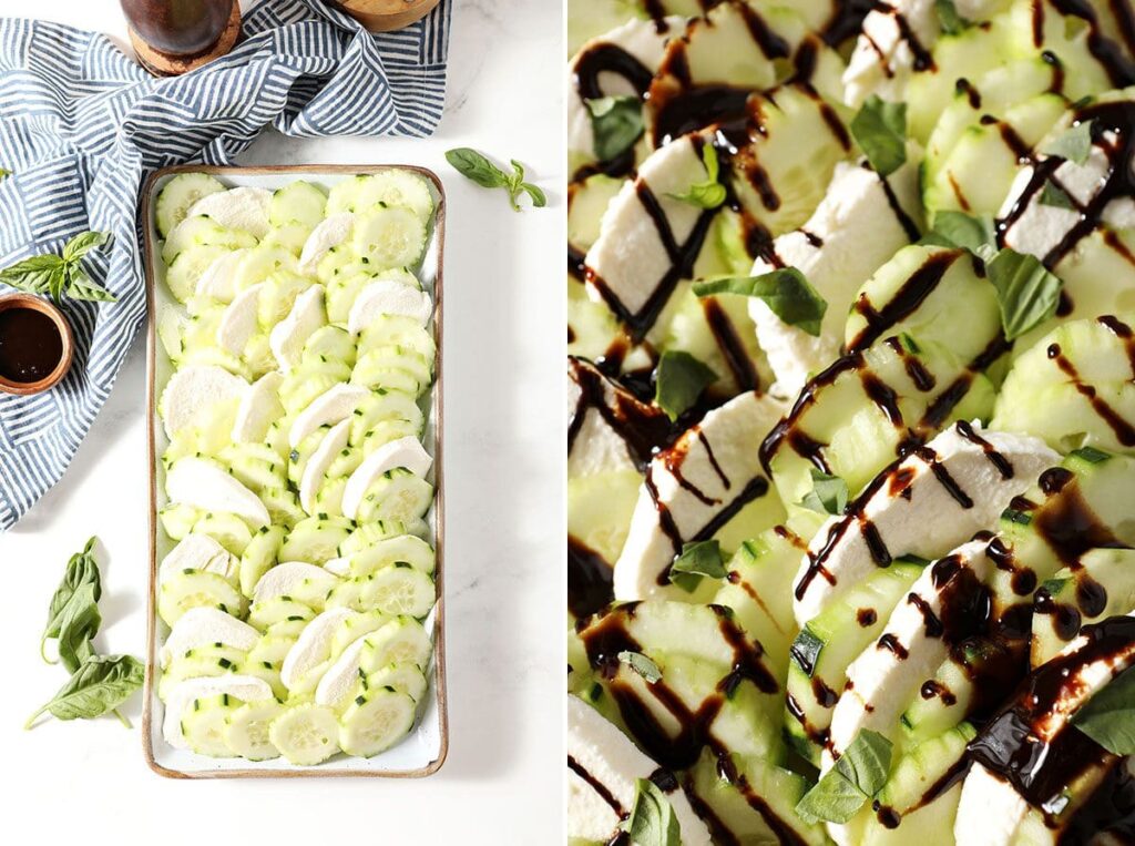 Collage showing how to make cucumber caprese salad