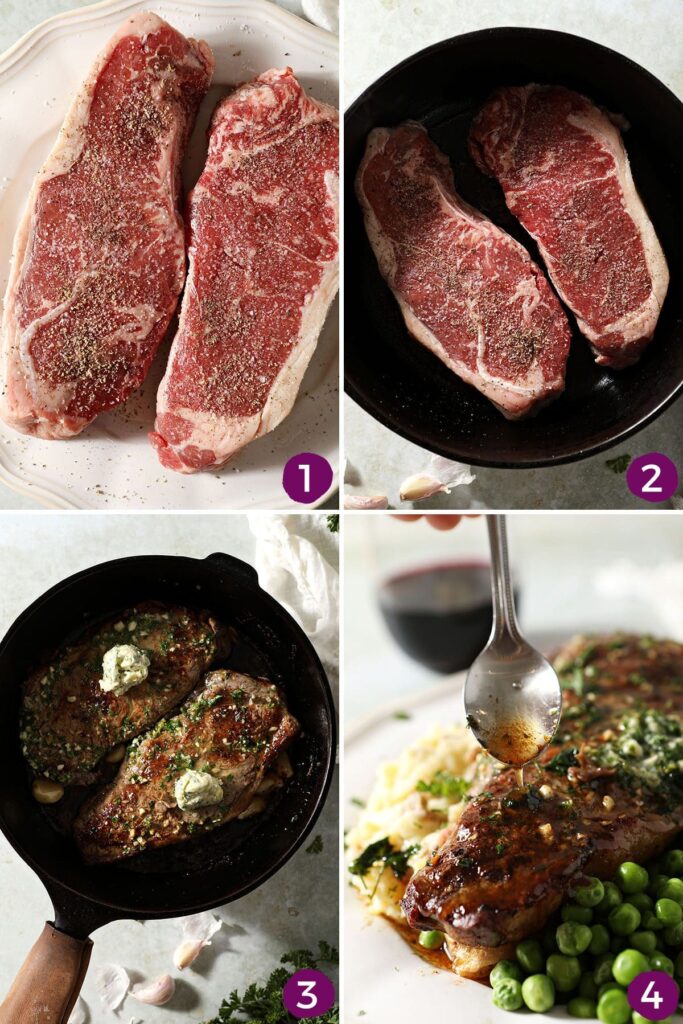 Collage showing how to sear steak and season it with garlic butter sauce for steak