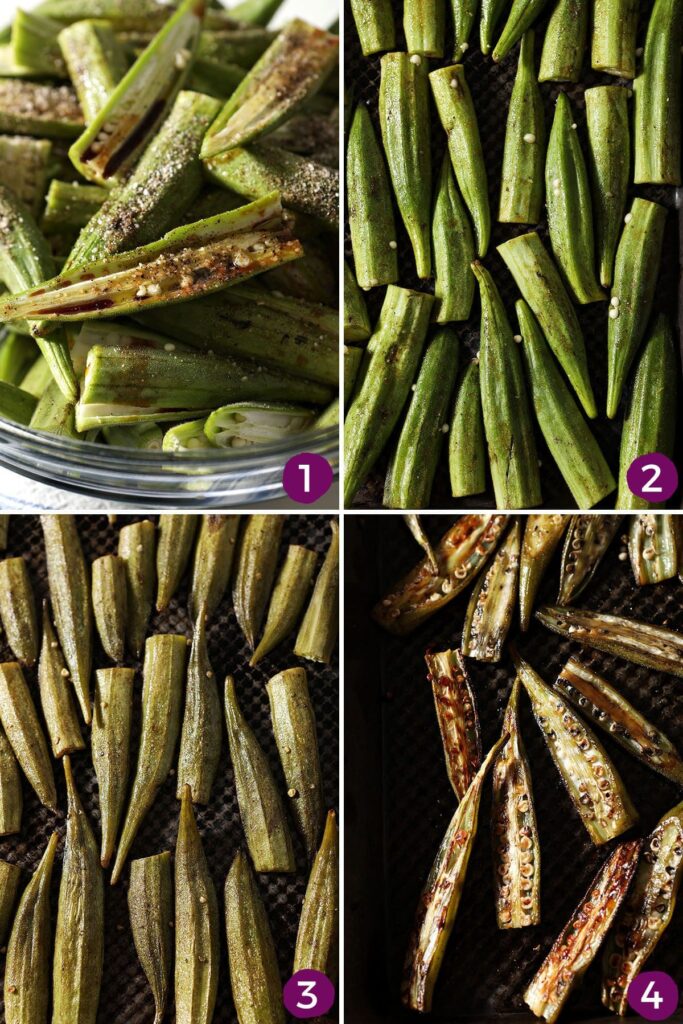 Collage showing how to roast okra