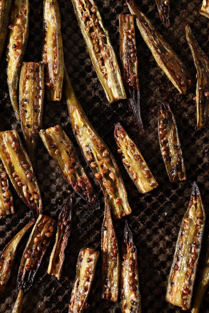 Roasted okra on a sheet pan