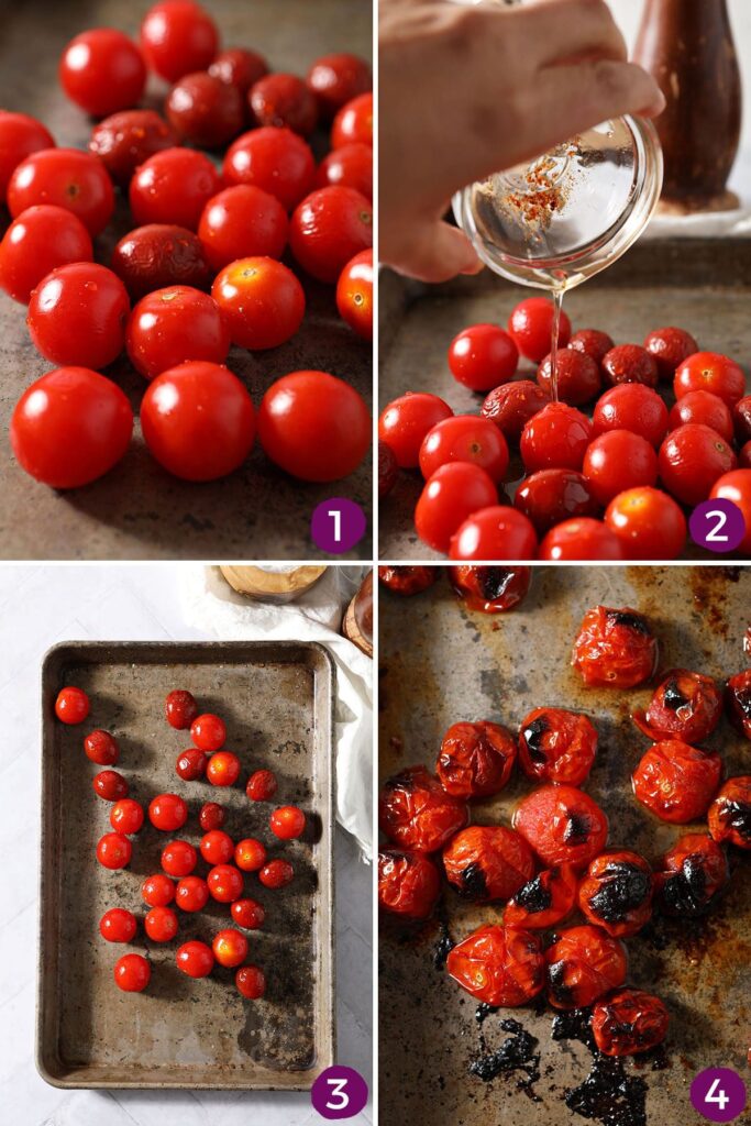 Collage showing how to roast tomatoes