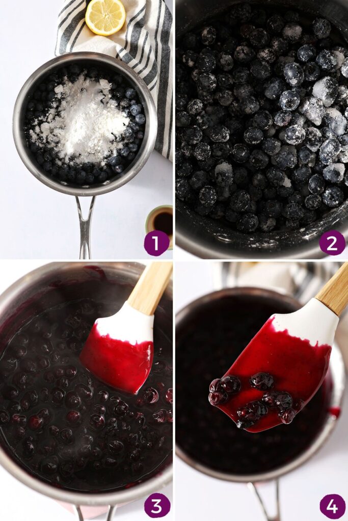 Collage showing how to make blueberry sauce in a saucepan