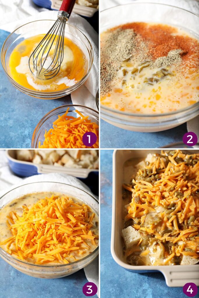 Collage showing how to make egg casserole with green Chile peppers