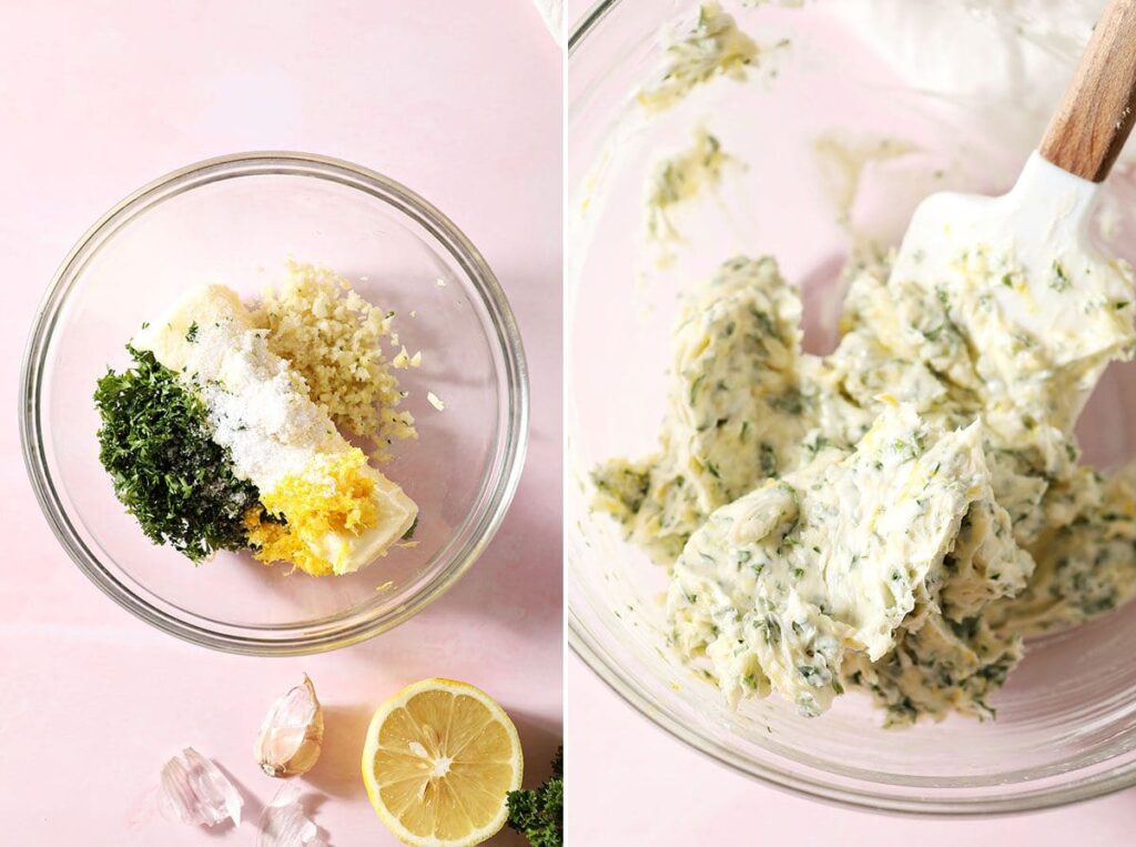 Collage showing before and after mixing the compound butter for steak