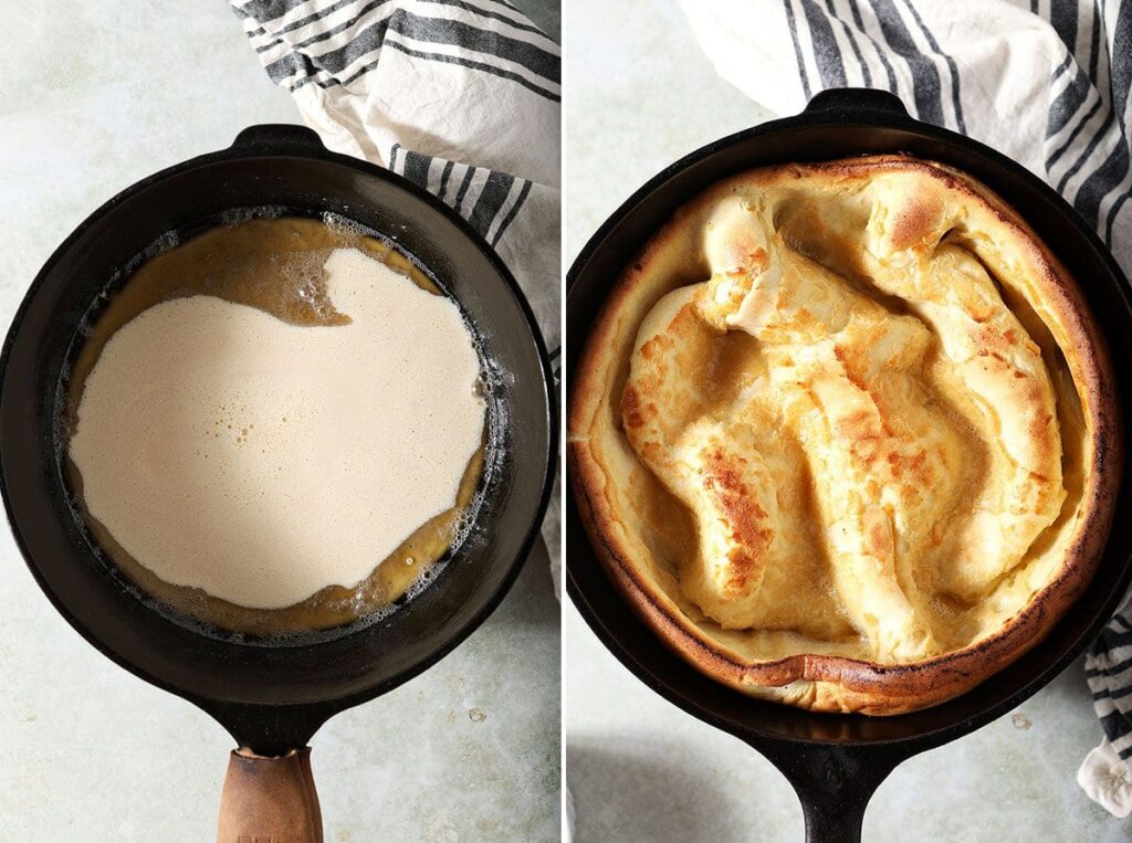 Collage showing a Dutch baby pancake before and after baking from above