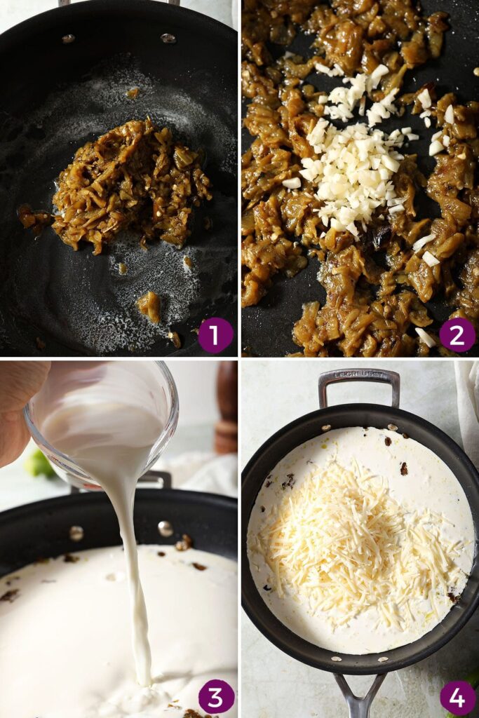 Collage showing how to make spicy Alfredo sauce with green Chile peppers