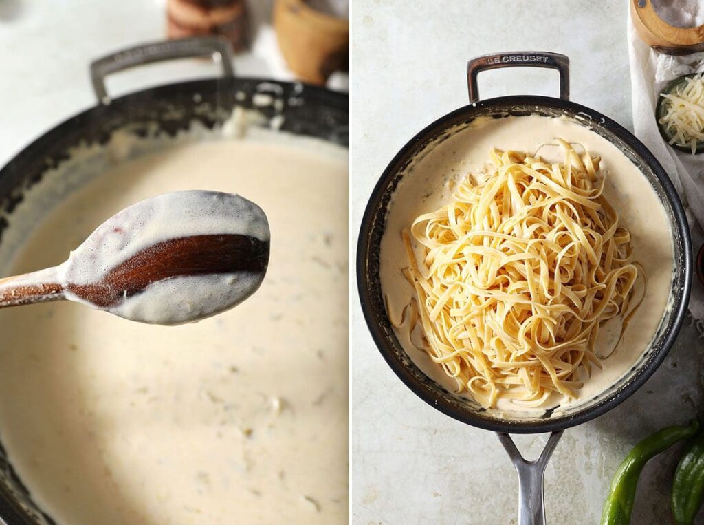 Collage showing finished Alfredo sauce and the added pasta