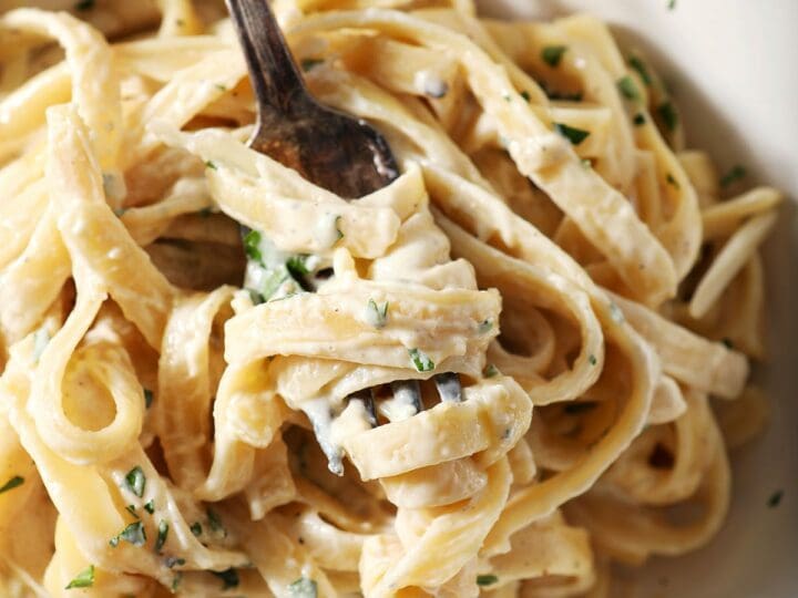 A fork twirled in thin pasta noodles in a cream sauce