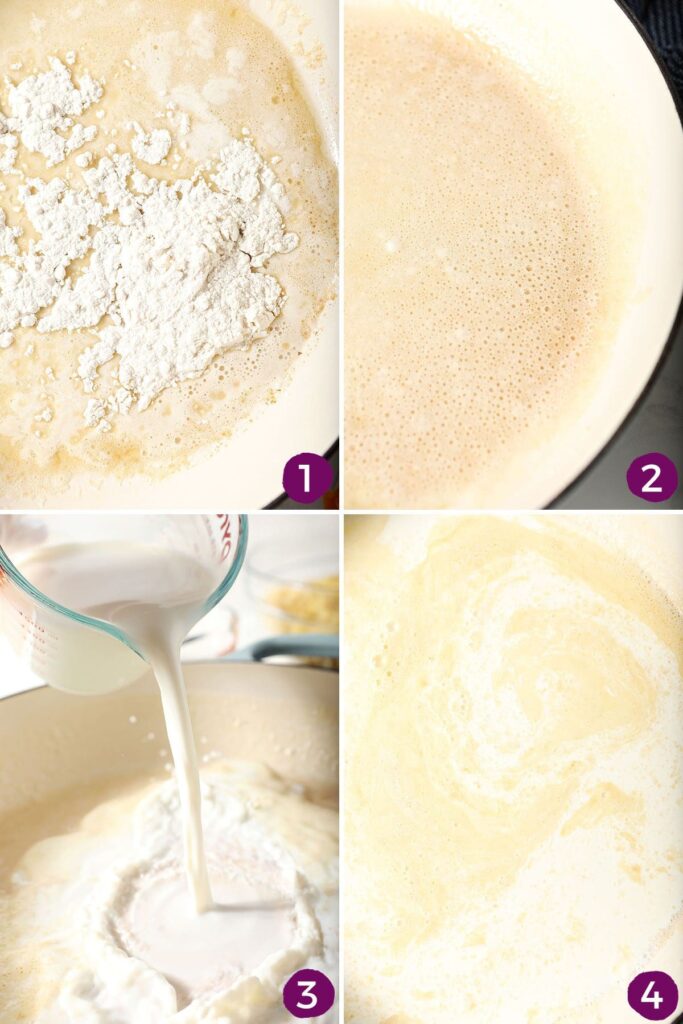 Collage showing how to make the base for the macaroni and cheese sauce