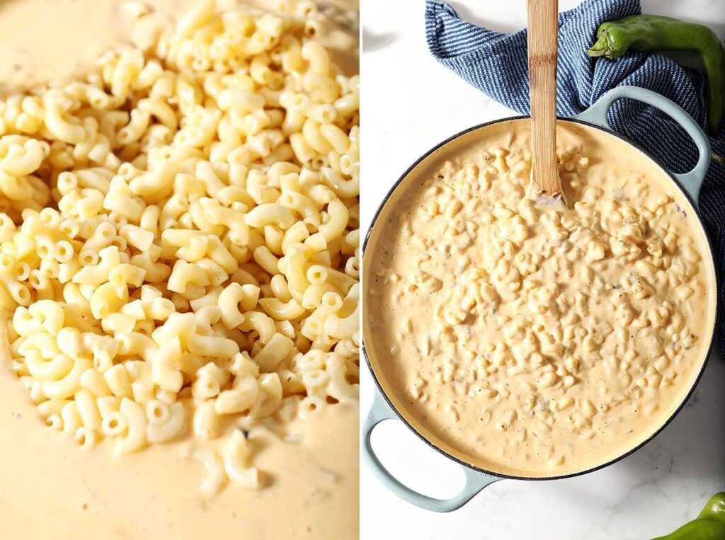 Collage showing macaroni before the noodles are added and after