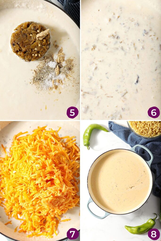 Collage showing how to add green Chile peppers and other ingredients to make the cheese sauce for macaroni