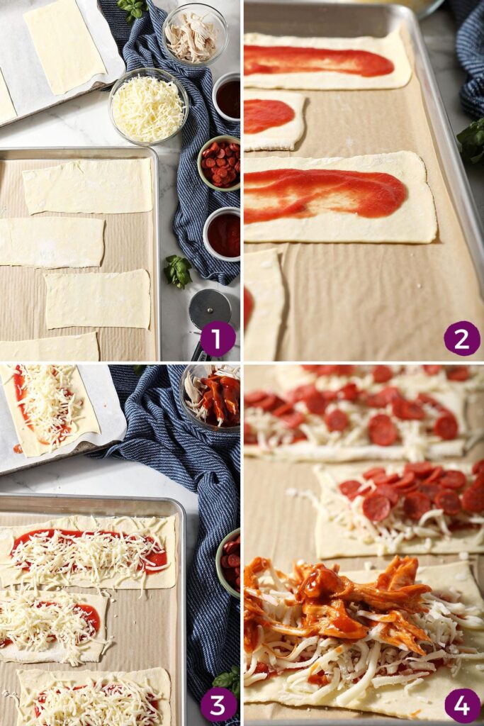 Collage showing how to make and put together easy puff pastry pizzas