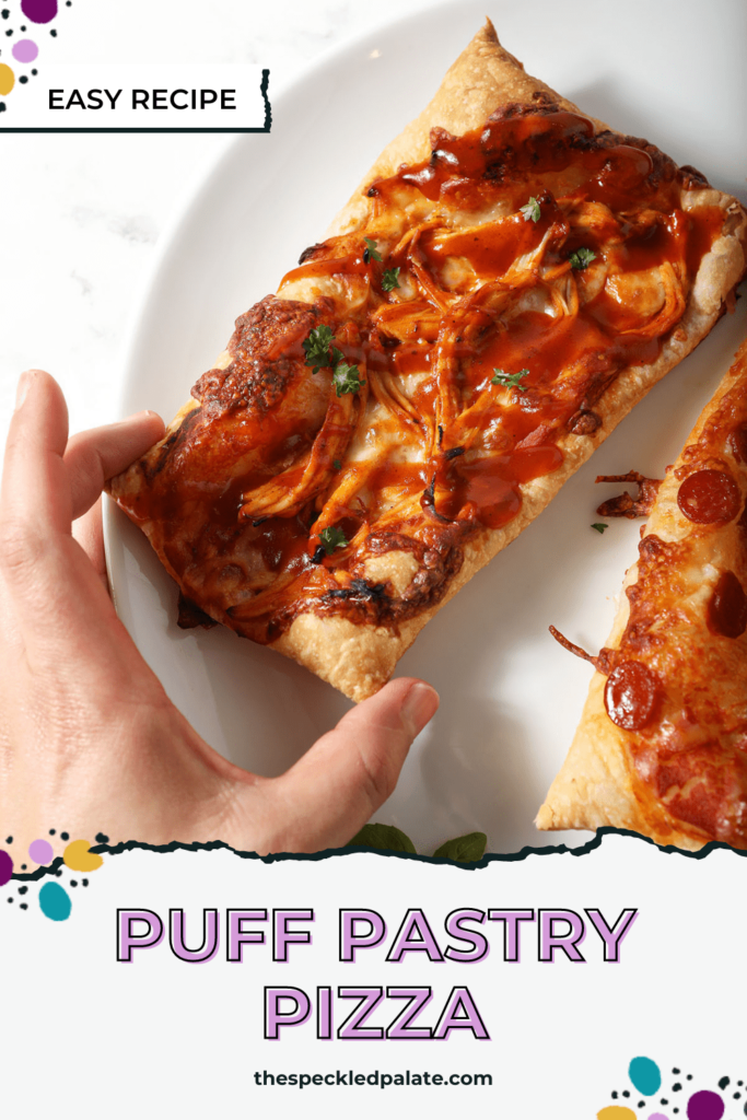 A person grabs an rectangular individual pizza with the text puff pastry pizza