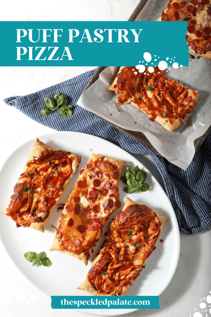 Three rectangular pizzas on a platter next to a small baking sheet pan with more with the text puff pastry pizza