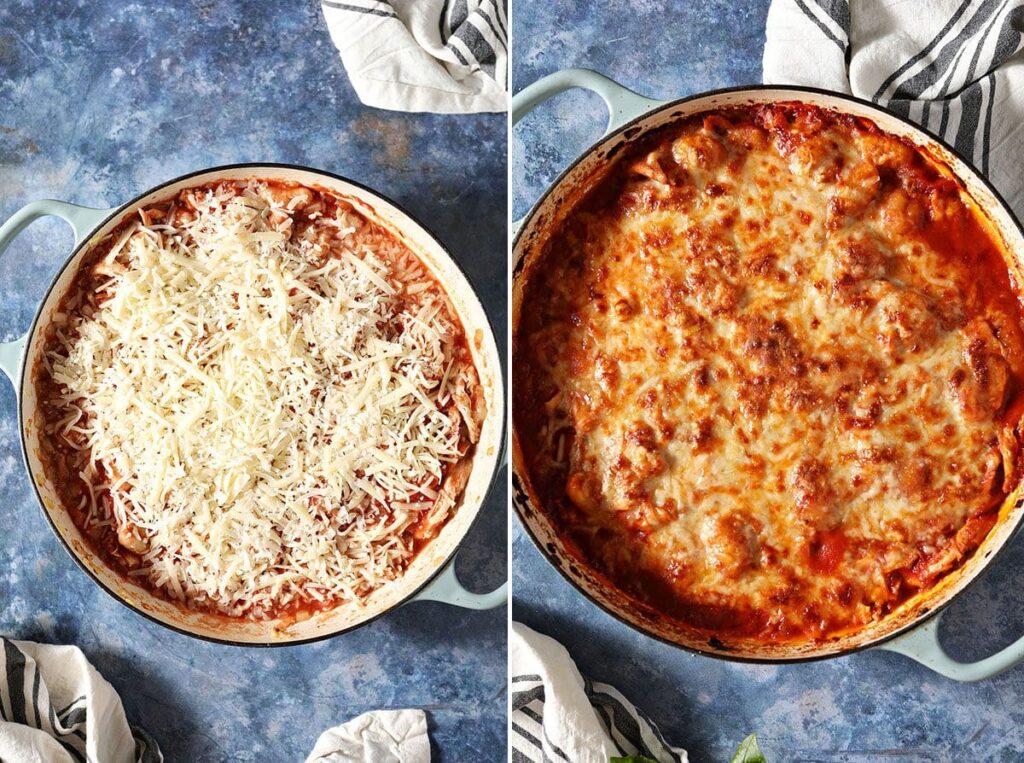 Collage showing Baked Gnocchi with Chicken before and after the bake