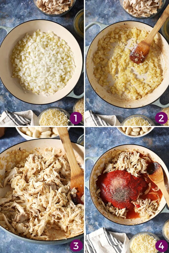 Collage showing how to cook down ingredients to go into chicken tomato sauce